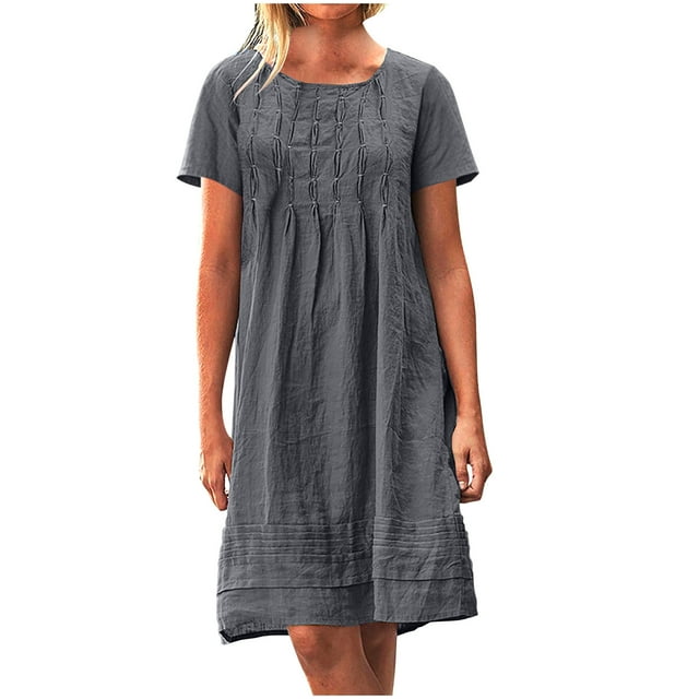 UPPADA Robe Midi pour Femmes en Coton et Lin, Robe Chemise Confortable Décontractée à Col Rond, Robe d'Été à Manches Courtes, Coupe Ample, Style Bohème, Robes pour Femmes aux Courbes, Gris, TG