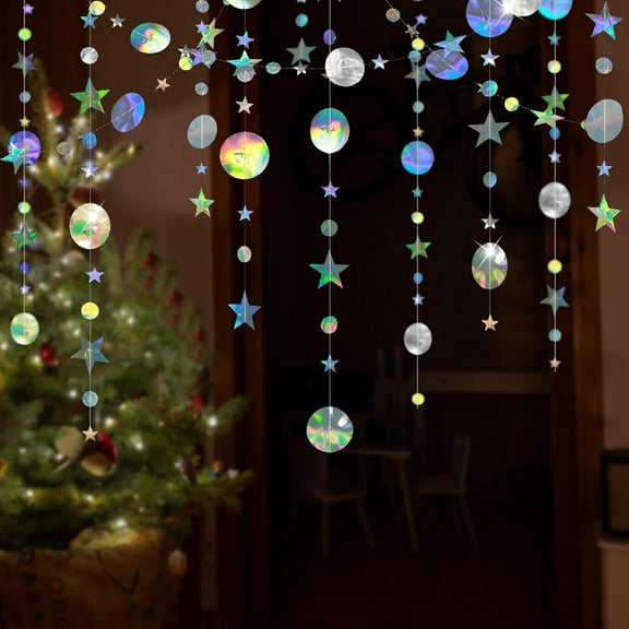 Star Circle Dot Hanging Garlands Iridescent Party Decorations Holographic Twinkle Stars Garlands Hanging Streamer Backdrop Banner for Birthday Baby Shower Wedding Christmas,3Pcs*13ft,Topboutique