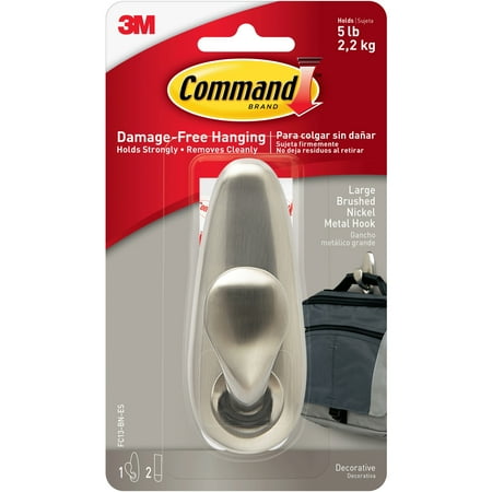 Command Adhesive Mount Metal Hook, Large, Brushed Nickel Finish, 1 Hook & 2 Strips/Pack