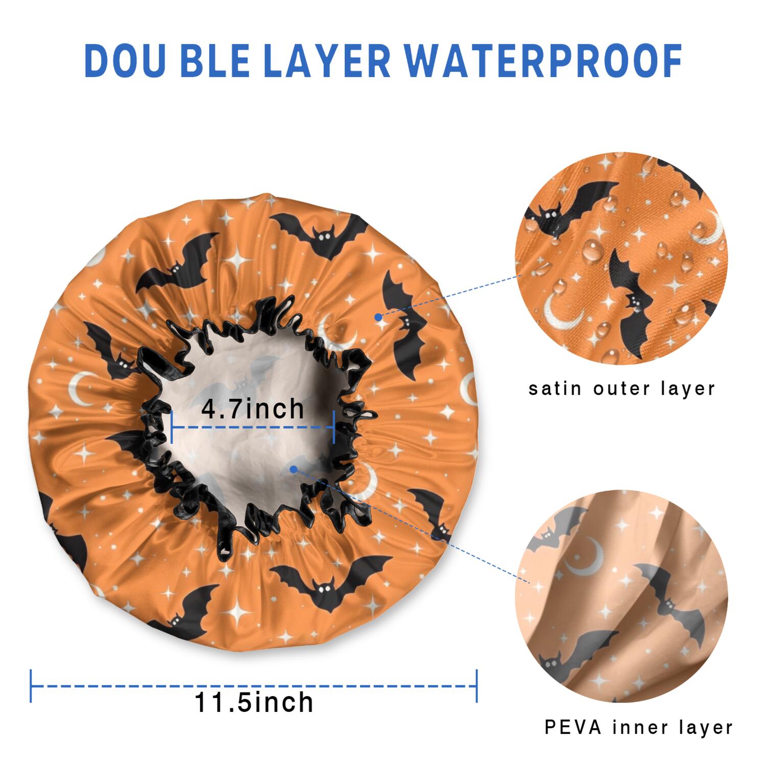 Shower Caps,Halloween Bats with Moons and Stars Waterproof Shower Cap for Women 4 Pieces,Double Reusable Hair Cover for Shower PEVA Elastic Stretch Hem