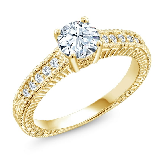 Gem Stone King 1.15 Cttw White Created Sapphire and Lab Grown Diamond 18K Yellow Gold Plated Silver Engagement Ring for Women | Round 6MM (Size 5)