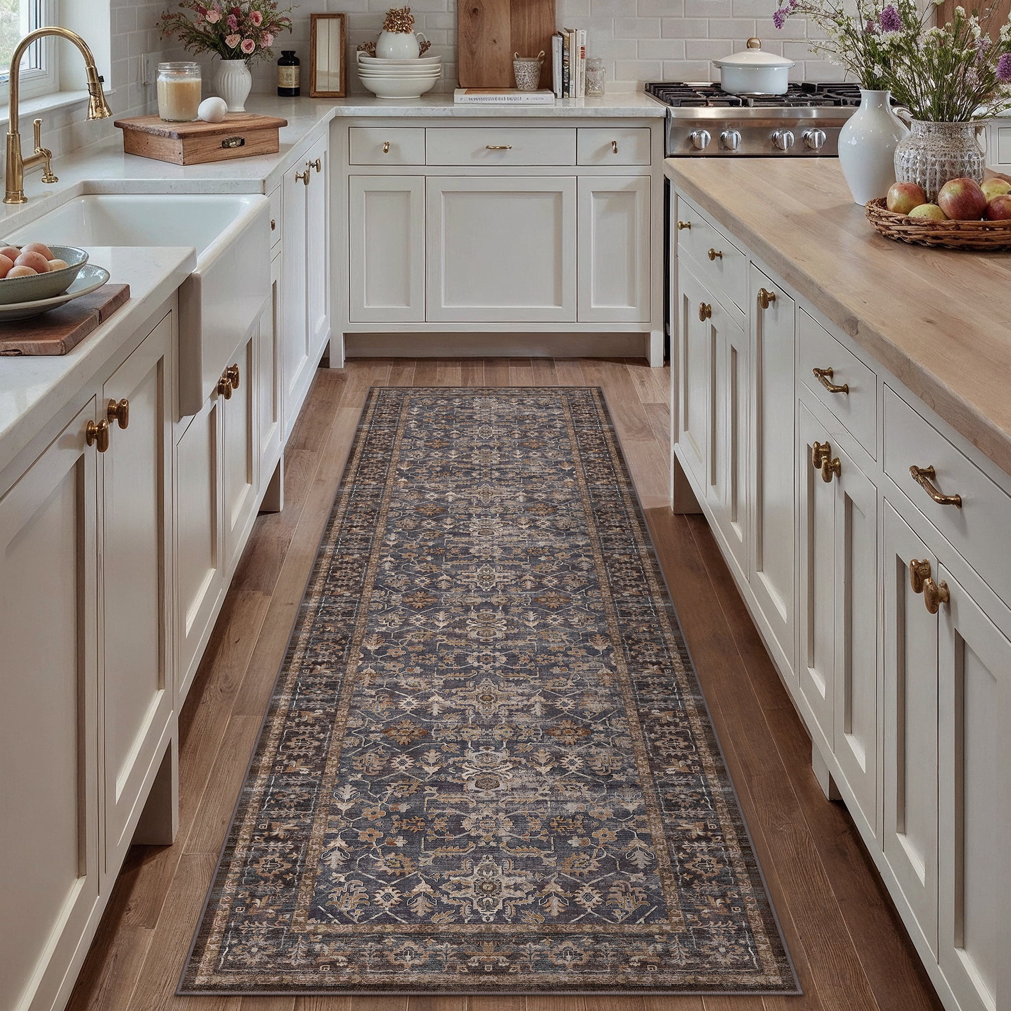 BERTHMEER 2'x8' Runner Rugs for Hallway Entryway Bathroom Bedroom Laundry Traditional Kitchen Non Skid Washable Blue and Brown Vintage Oriental Distressed Accent Runner Rugs