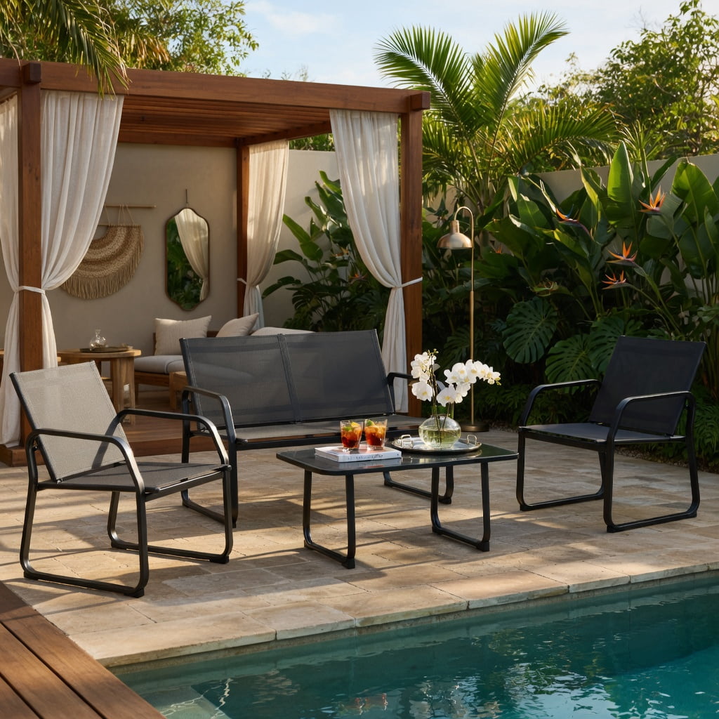 Hommoo 4-Piece Outdoor Patio Conversation Set, Metal Frame, Breathable Fabric Seating & Tempered Glass Coffee Table for Backyard, Deck or Balcony, Black