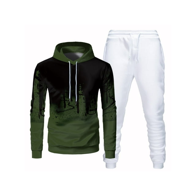Daeful Survêtement Deux Pièces Ensemble de Jogging à Manches Longues pour Hommes Lounge Active 2 Pcs Pull-Over Vert Armée Blanc L