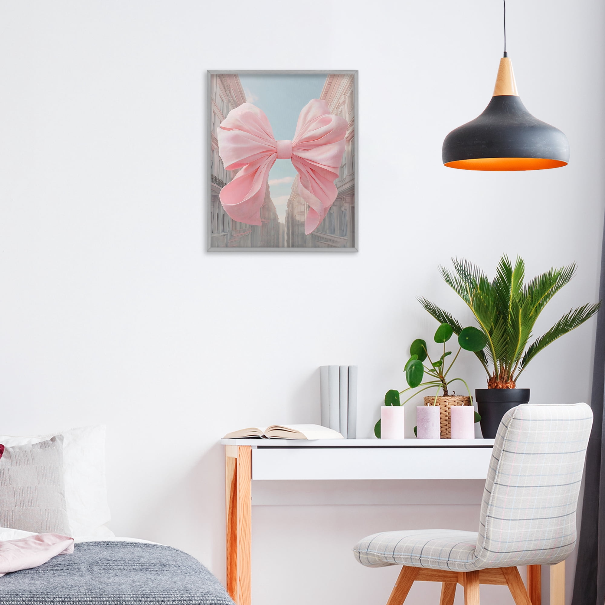 Stupell Industries Pink Bow over City Street Gray Framed Giclee Art, design by The Prints Vibe