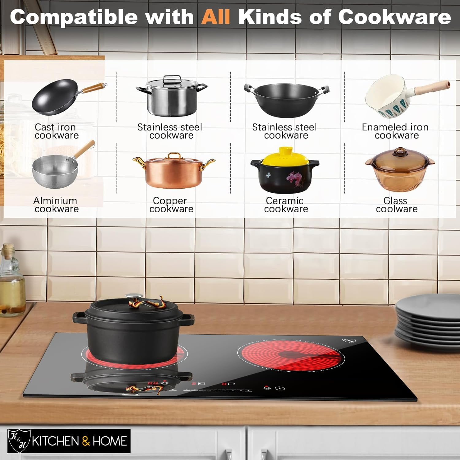 K&H German Designed 2 Burner Dual 24 Inch Built-in Electric Stove Top Radiant Ceramic Kitchen Cooktop Sensor Control 240V 3400W HCC-3402