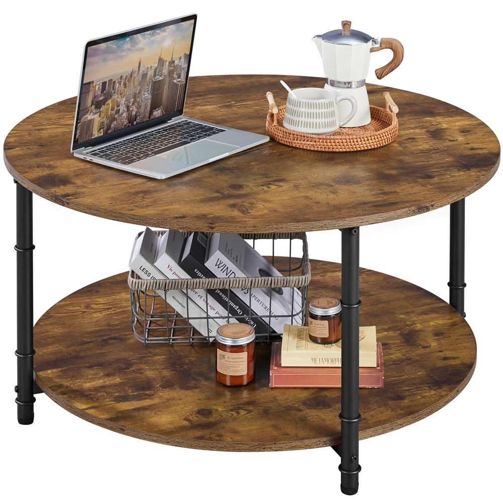 Yaheetech 2 Layer Vintage Round Coffee Table with Storage Shelf, Rustic Brown