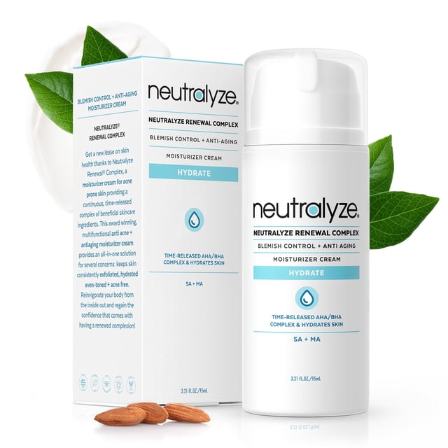 Neutralyze Renewal Complex Acné Hidratante para Cara y Cuerpo - Crema hidratante de ácido mandélico y ácido salicílico de grado médico de liberación prolongada - Hidratante facial para piel propensa a