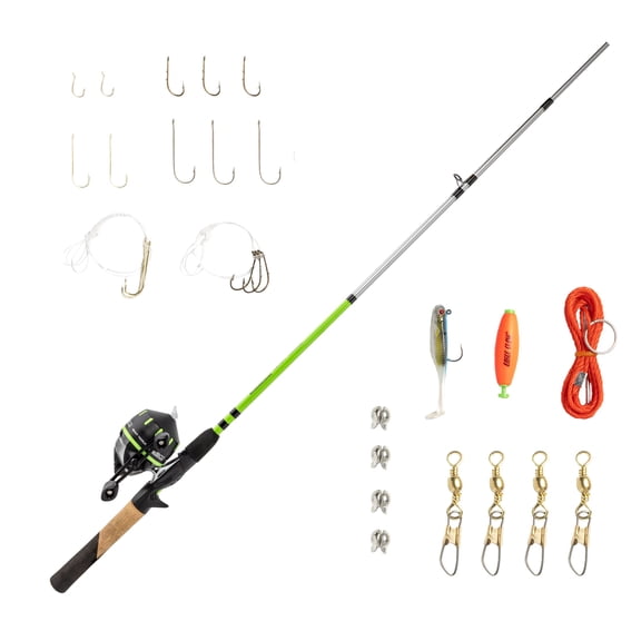 Zebco Ready Tackle Lake/Pond Spincast Combo, 6-Foot, 2-Piece Fishing Rod, Size 30 Reel, RH Retrieve, 10-Pound Line, 27-Piece Tackle Kit