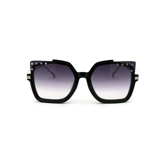 Womens Exposed Horn Lens Rhinestone Trim Hinge Fashion Sunglasses Black Silver Smoke