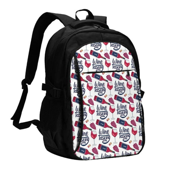 Sikiie Red Wine Glass Bottle Print USB Travel Backpack, Multi-pocket Laptop Bag with USB Charging Port, Suitable for School, Work and Outing, Unisex