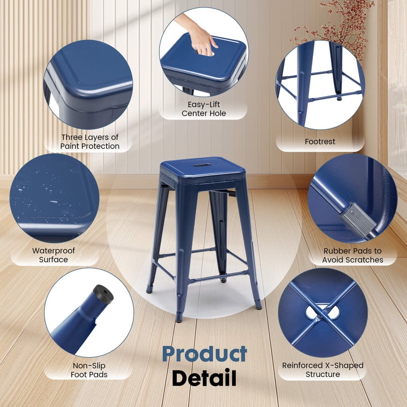 Gianna Metal Dining Chairs Set of 4, 24 Inch Stackable Bar Chairs, Modern Restaurant Classic Trattoria Metal Chairs, 300LBS Weight Capacity, Blue