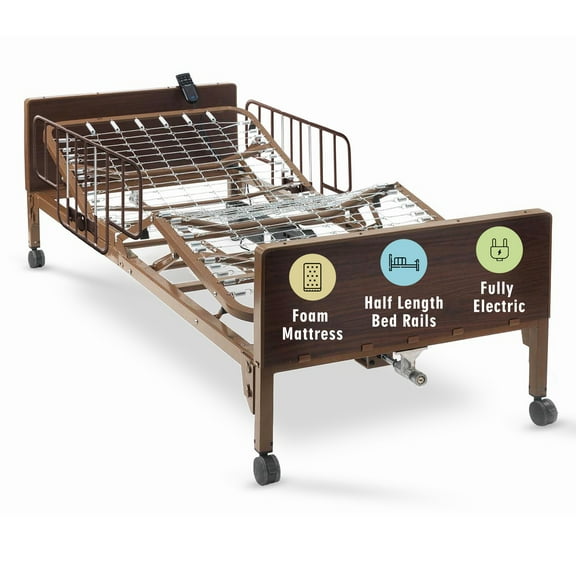 Full Electric Hospital Bed with Foam Mattress and Half Rails - for Home Care Use and Medical Facilities - Fully Adjustable - 80" x 36"