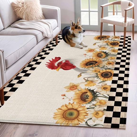 Kitchen Mats for Floor 3x5 Ft, Sunflowers Rooster Non Slip Area Rugs for Kitchen Bedroom Entryway, Farmhouse Vintage Beige Burlap Plaid Washable Carpet Runner Rug Floor Mats for Bedroom Home Decor