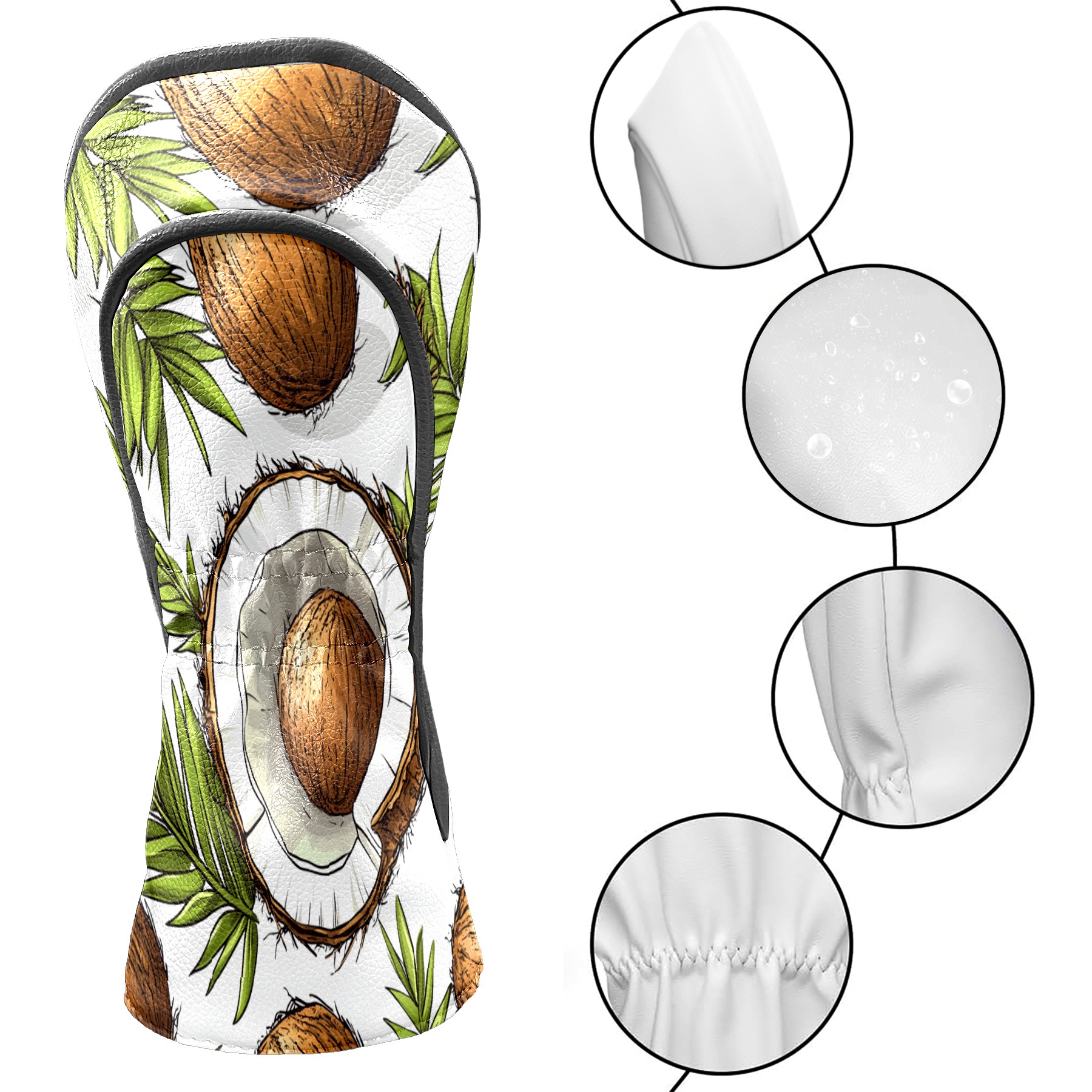 Golf Club Covers PU Leather Waterproof Head Covers for Fairway Woods Hybrids Coconut Palm Leaves