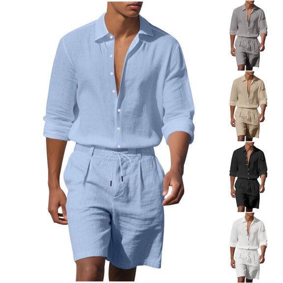 Hrsba Men Outfits 2 Piece Set, Solid Color Linen Button Lapel Long Sleeve Shirt and Drawstring Elastic Waist Shorts Summer Beach Set