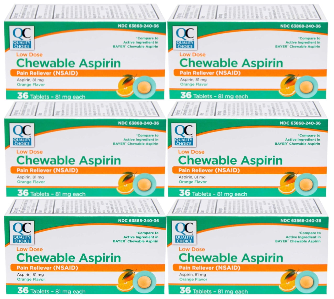Quality Choice Low Dose Chewable Aspirin 36 Orange Flavored Tablets, 6 Pack