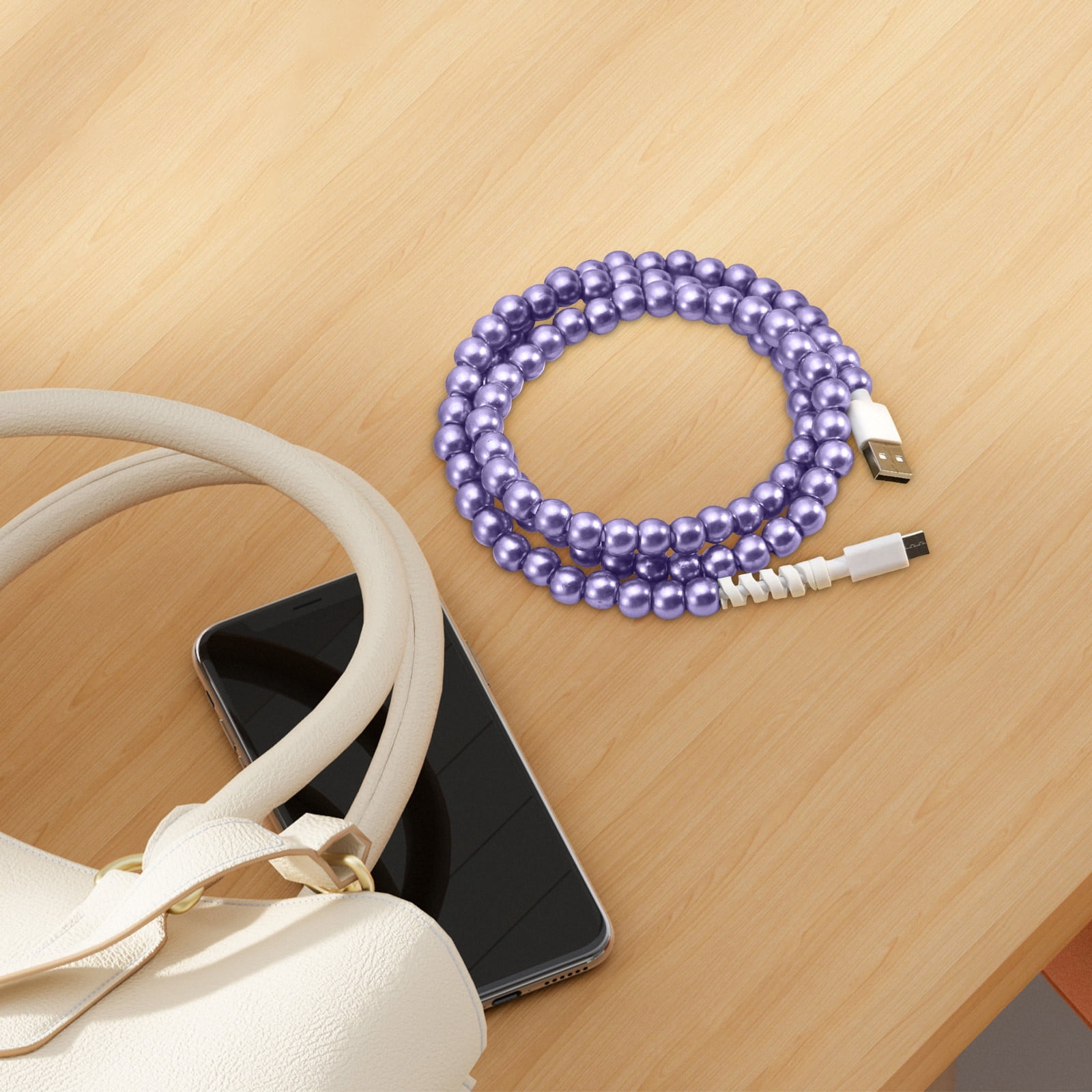 Beaded Phone Charger Cord, Handmade Pearl Beaded USB Data Cable