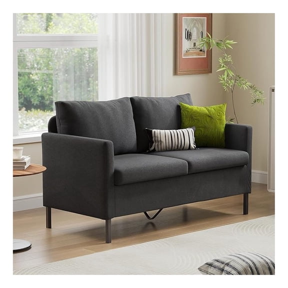 Linen Fabric Modern Small Loveseat Sofa Couch for Living Room, 51" W Little Upholstered 2-Seater Mini Love Seats w/Iron Legs for Small Space, Apartment, Bedroom, Dorm, Office (Dark Grey)