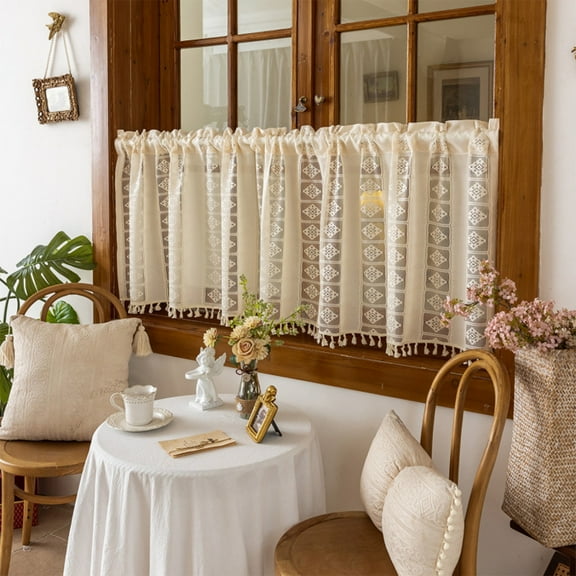 Semi Sheer Chiffon Lace Curtain with Embroidery Rod Pocket Design, Fit for Doors Windows, Coffee Curtain, Short Half Curtain, Home Window Treatment, Beige, 50.06*23.62in