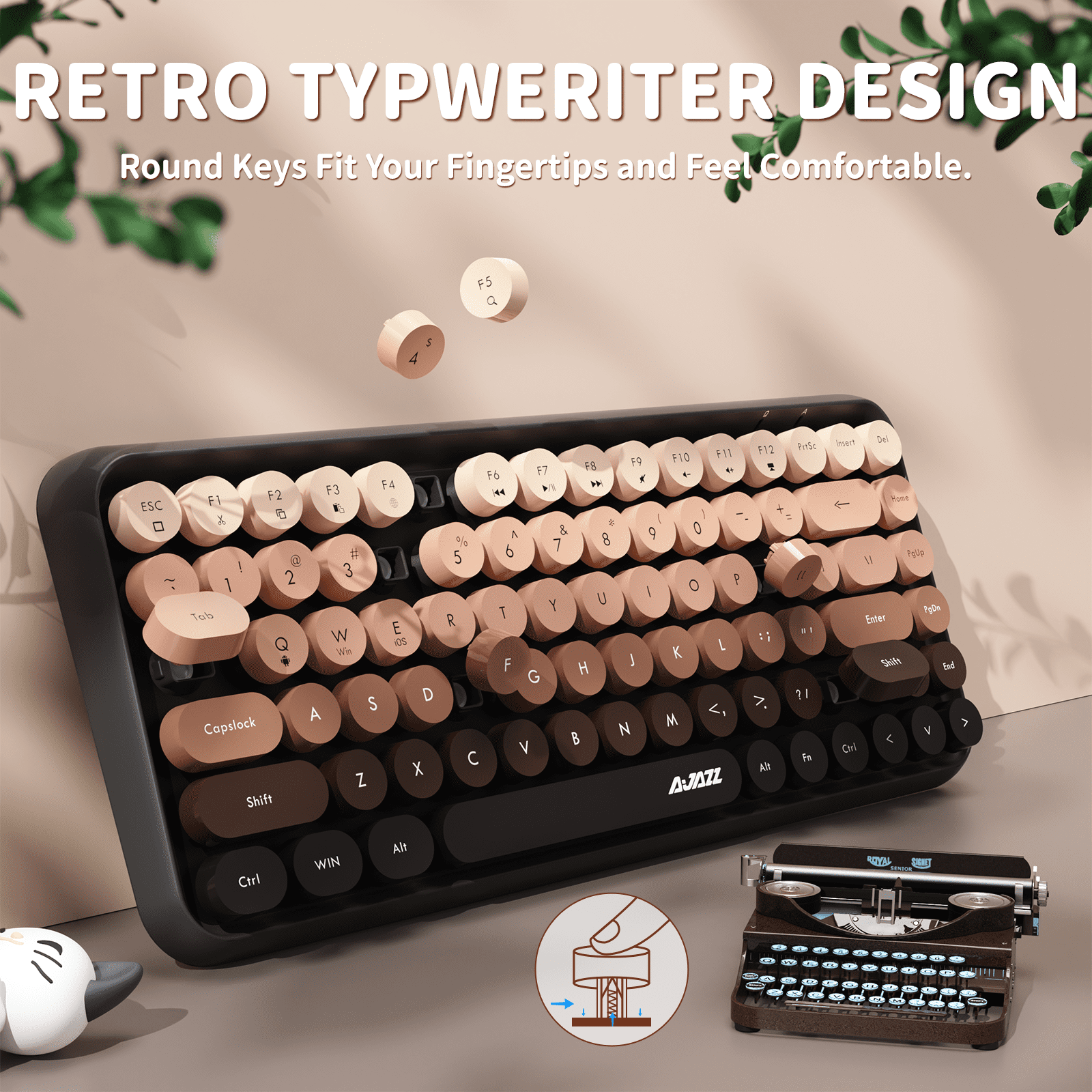 Ajazz 308i Retro Wireless Bluetooth Silent Computer Keyboard with Round Punk Compact 84 keys, Lightweight, Matte Texture, Typewriter Design, Cute Magnetic Cat Ornaments for PC, Laptop - Pink