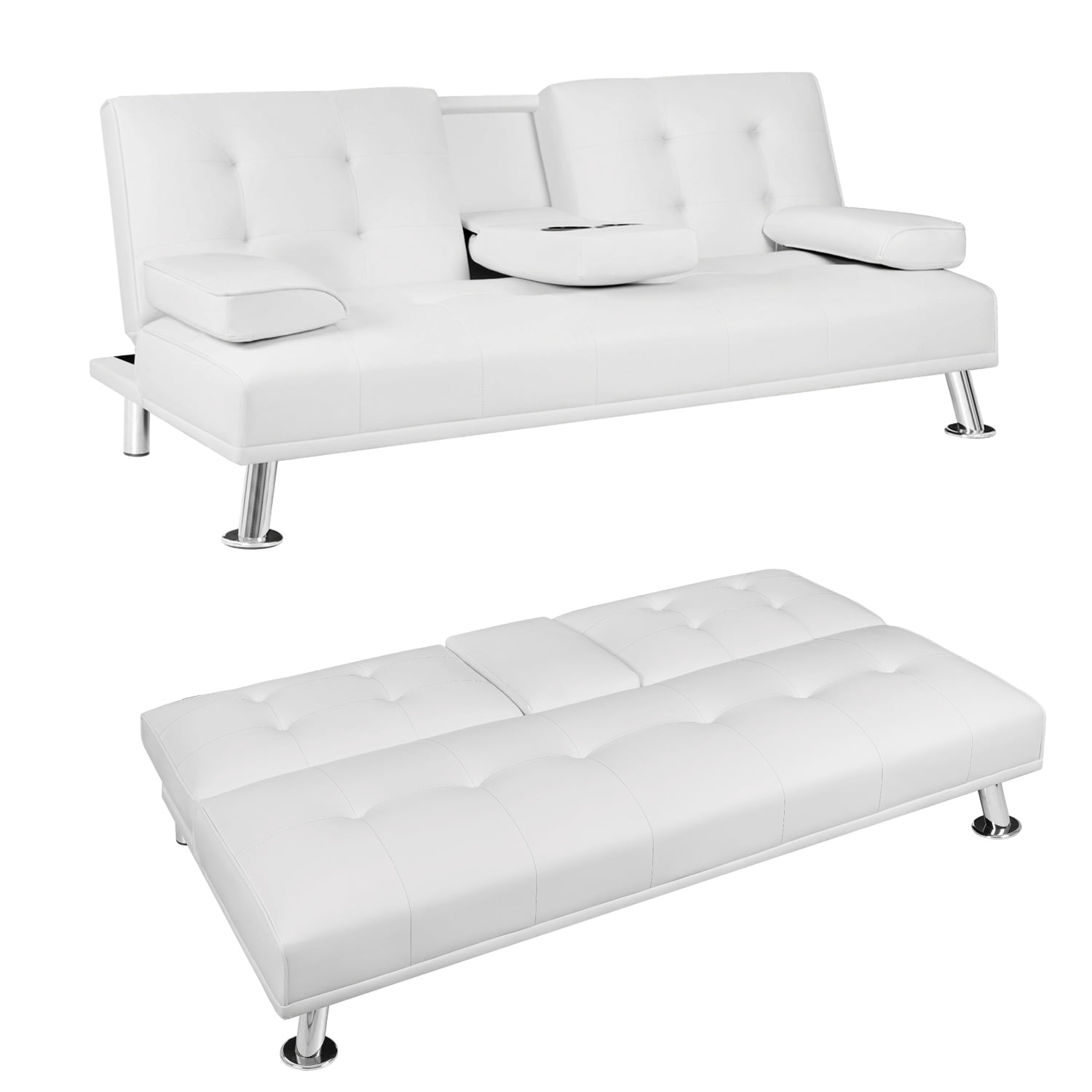 Vineego Modern Sofa Bed Faux Leather Couch Convertible Futon with Two Cupholders, White