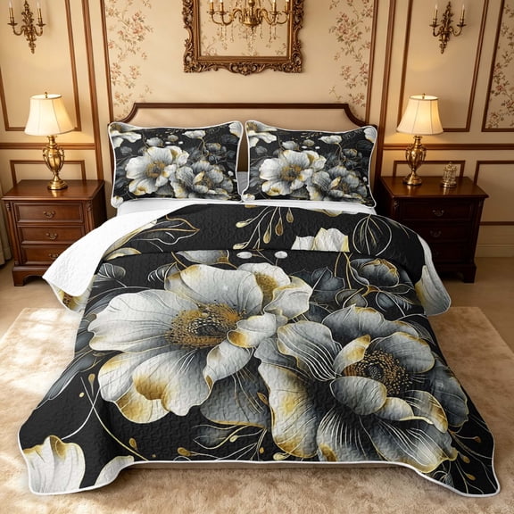 Erosebridal Vintage Floral Twin Quilt Set, Tropical Blossom Twin Coverlet Set, Black Reversible, Black Gold, 2 Pieces (1 Bedspread and 1 Pillowcase)
