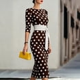 thumbnail image 5 of Women's Vintage Polka Dot Midi Dress, Crew Neck 3/4 Sleeve Self Tie Waist Slim Bodycon Knee-Length Pencil Dress Coffee L(L), 5 of 6