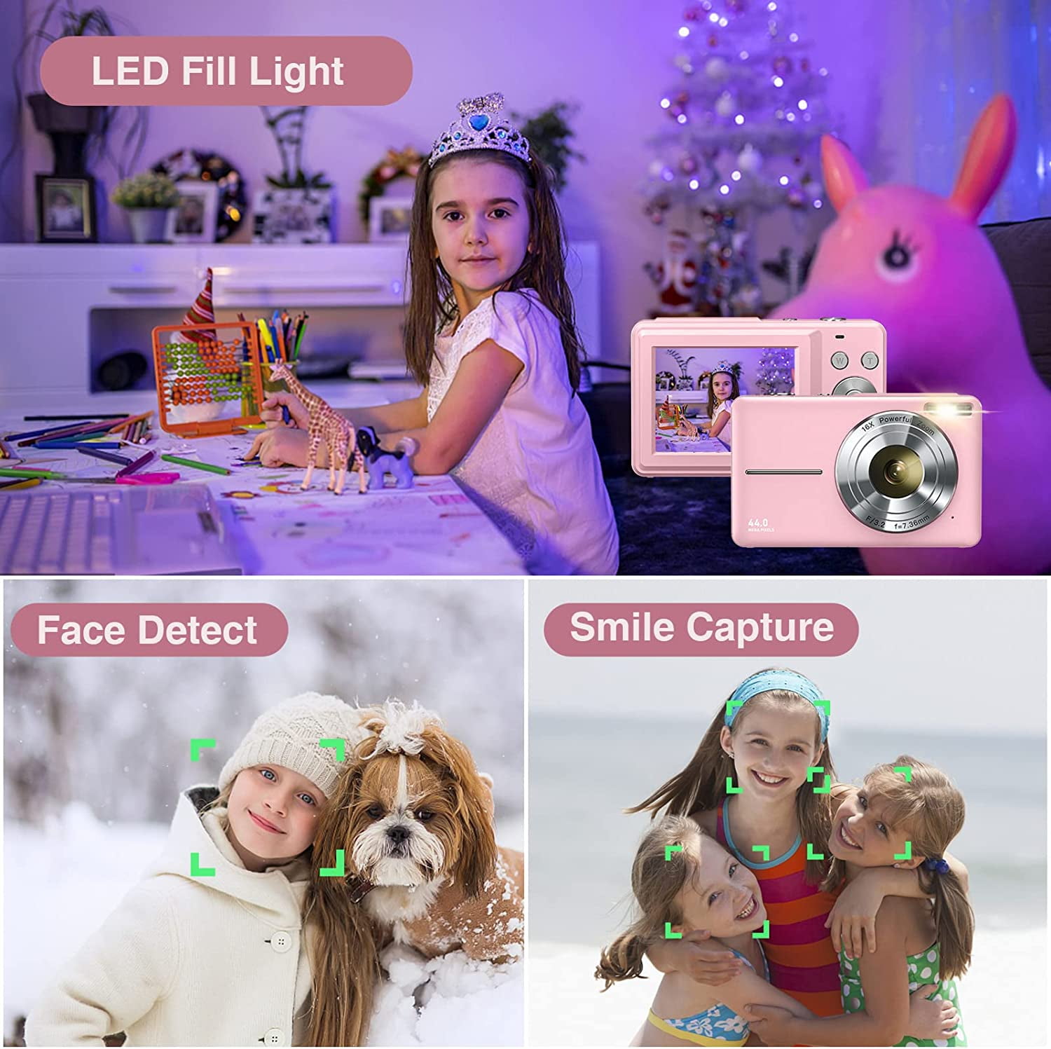 Digital Camera Kids Camera with 32GB Card FHD 1080P 44MP Portable Mini Vlogging Camera for Kids Teens Seniors