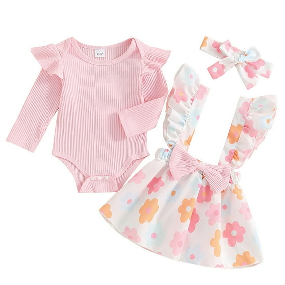 Zshosam Baby Fall Clothes Girl Newborn Baby Girl Fall Outfits Long Sleeve Floral Romper and Overall Suspender Skirt Sets Infant Girls Dress Clothes Size 0 3 Months,(Beige 0-3 Months)