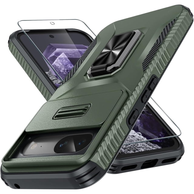 KOMI for Google Pixel 8A Case with Tempered Glass Screen Protector and Camera Lens Cover,Rotated Ring Stable Kickstand,Heavy Duty Shockproof Protective Phone Cover Alpine Green