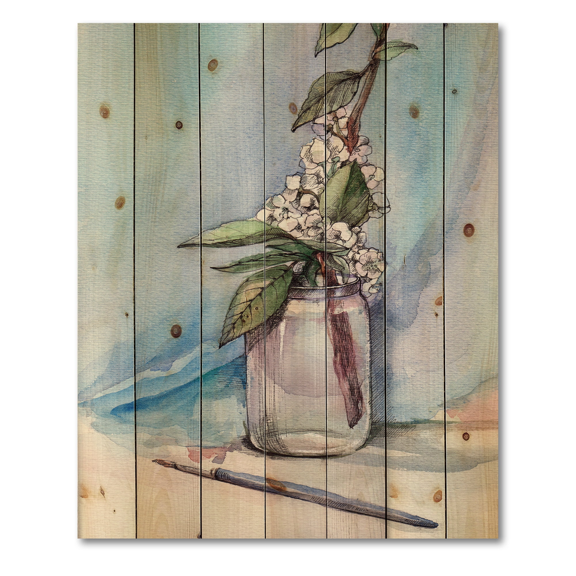 Designart 'Cherry Blossom Flowers In Glass Jar' Farmhouse Print on Natural Pine Wood