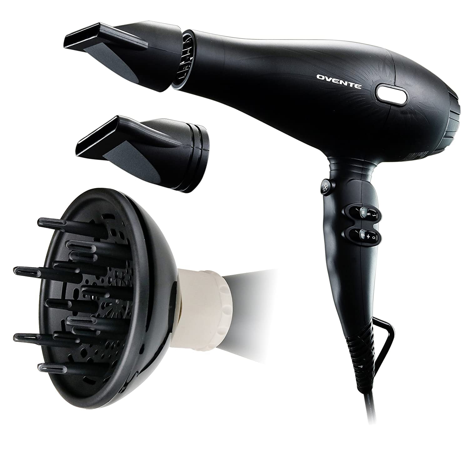 Ovente 1875 Watt Professional Hair Dryer with Diffuser, Ionic & Tourmaline  Technology, For Body, Volume & Smoothing, Concentrator Nozzle Attachment,  Lightweight for Home and Travel Use, Black X5I 