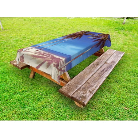 Hammock Table Beach Outdoor Tablecloth, Image of an Hammock at Golden Tropical Beach by the Ocean with Palms Surreal, Decorative Washable Fabric Picnic Table Cloth, 58 X 84 Inches,Navy Cream Green, by Ambesonne ()