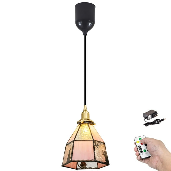 Kiven Battery Operated Pendant Light with Remote Control,1-Light Rechargeable Hanging Pendant Light Adjustable Height with Stained Glass Lampsade for Bedroom Kitchen Bar DZ0489