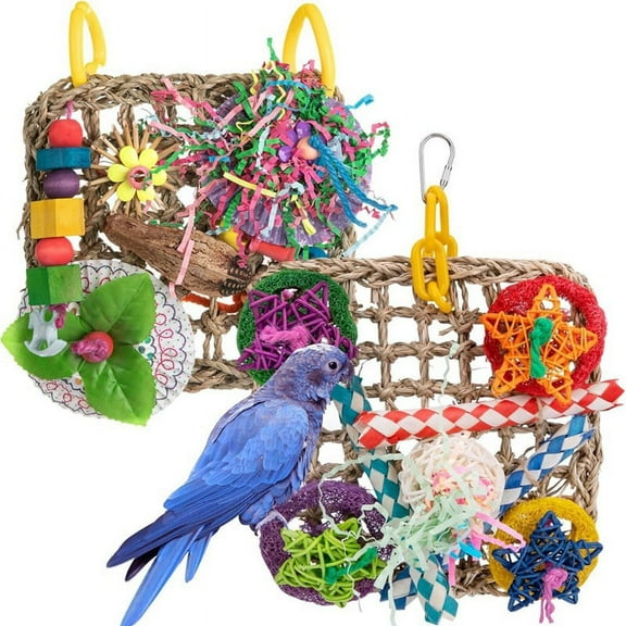 Bird Toys, Parrot Set of 2 Seagrass Woven Suspension Cushions, Natural Chew Toys for African Grey Parrots