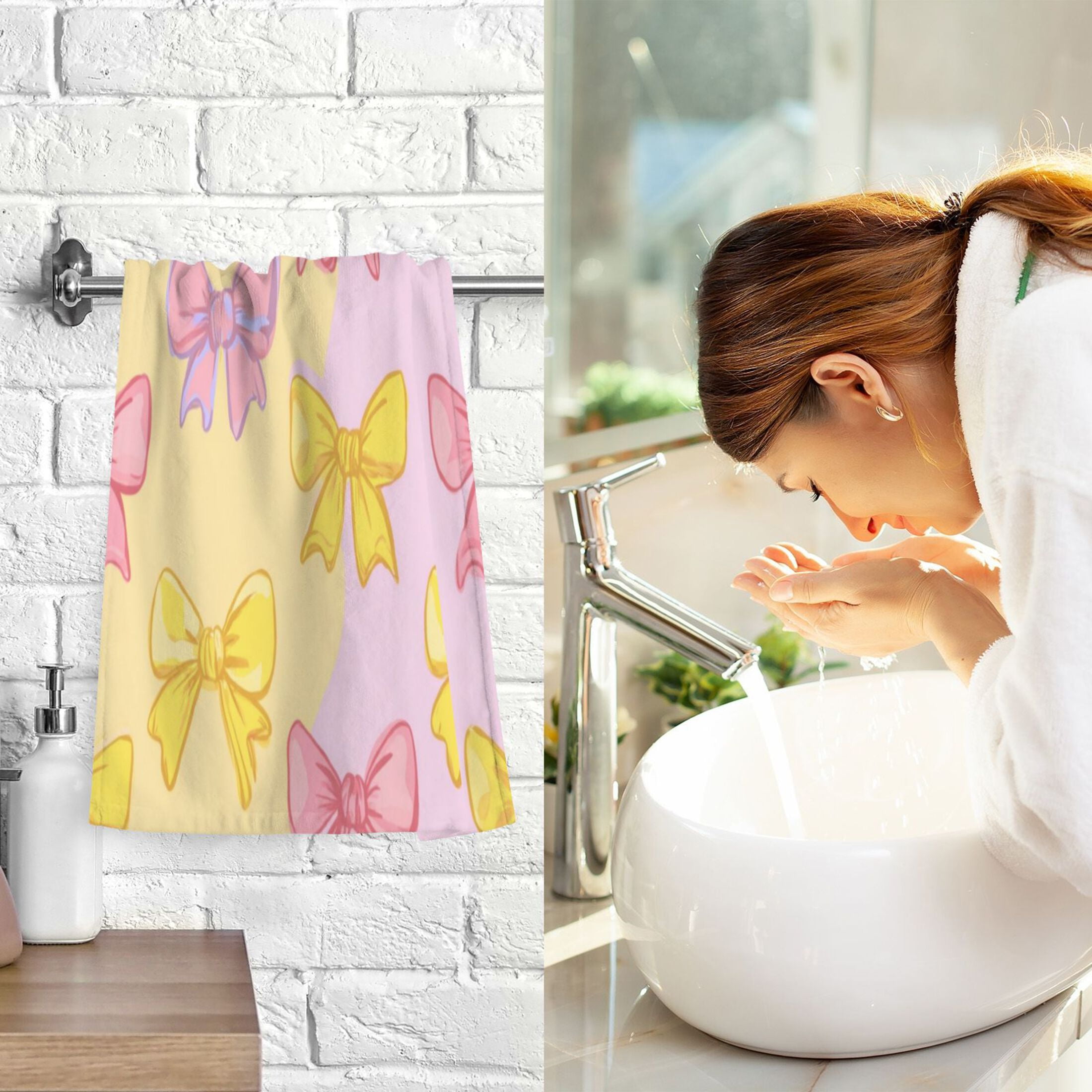 2 Pcs Hand Towels Sets Yellow and Pink Bows Cotton Towel Set Absorbent Face Towel for Bathroom Kitchen Shower Hotel Decor
