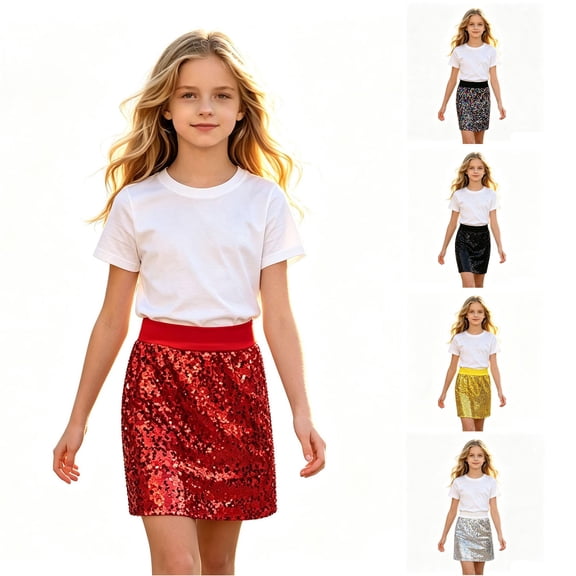 SGMVNU Girl's Sequins Skirts Sparkly Shiny Straight Fit Short Skirt with Elastic Waistband Performance Party Outfit, Red, One Size