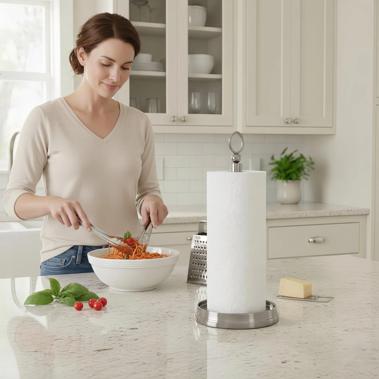 Paper Towel Holder With Heavy Weighted Base - Steel Countertop Stand For Kitchen  Bars & Dining Tables Fits Standard Rolls Brushed Nickel
