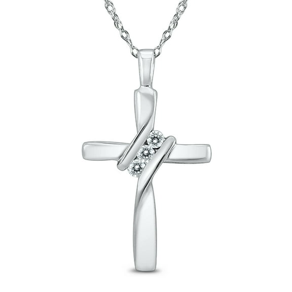 Three Stone Diamond Cross Pendant in 10K White Gold (J-K-L Color, I2-I3 Clarity)