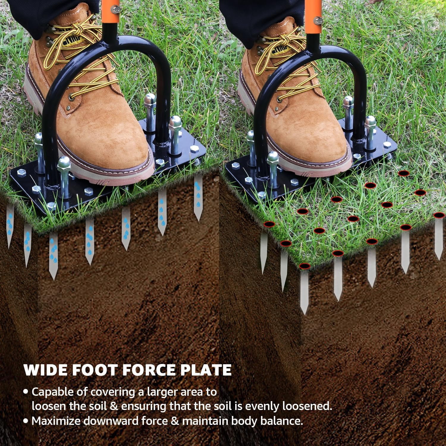 Lawn Aerator, Automatic Dirt and Leaf Clean Design, Heavy Duty Manual Lawn Aerator Tool with 15 Iron Spikes, Height Adjustable, Yard Grass Aerator for Lawn(Black with Orange)