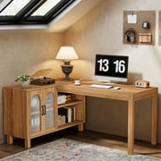 Finmind L Shaped Desk with Storage Cabinet and Shelves, 59-inch Wooden Corner Computer Desk Home Office Desk for Gaming, Writing, Working, Brown