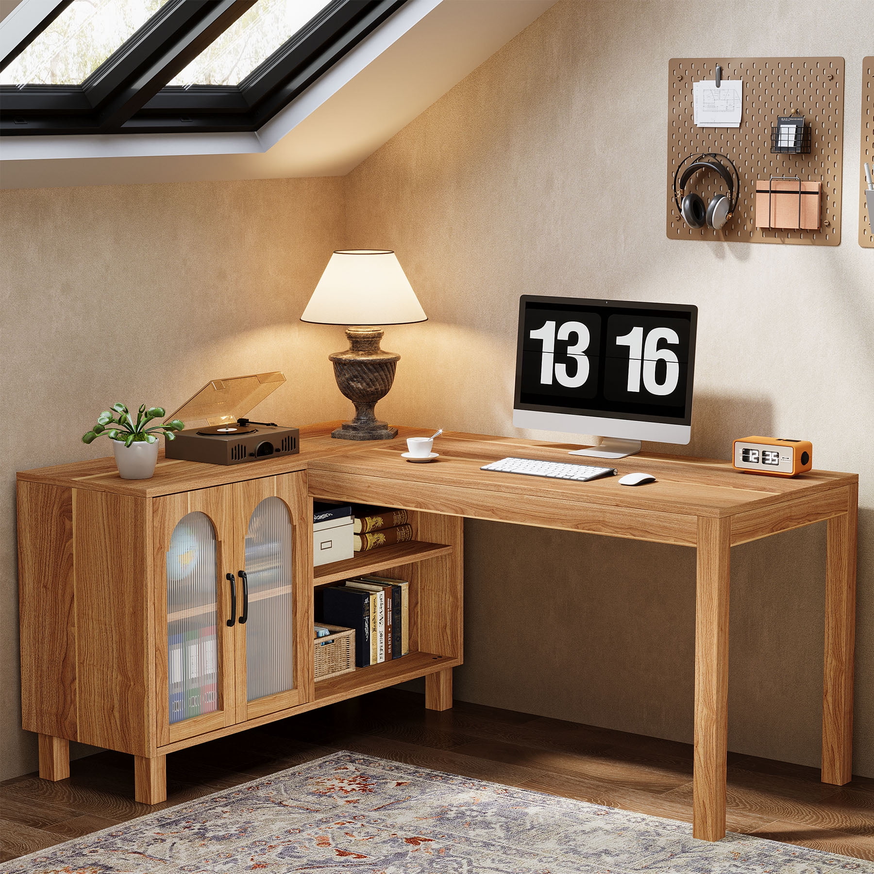 Finmind L Shaped Desk with Storage Cabinet and Shelves, 59-inch Wooden Corner Computer Desk Home Office Desk for Gaming, Writing, Working, Brown