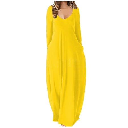 

Yohome Women s Casual Loose Solid Color Long Dress Sexy Deep V Neck Long Sleeve