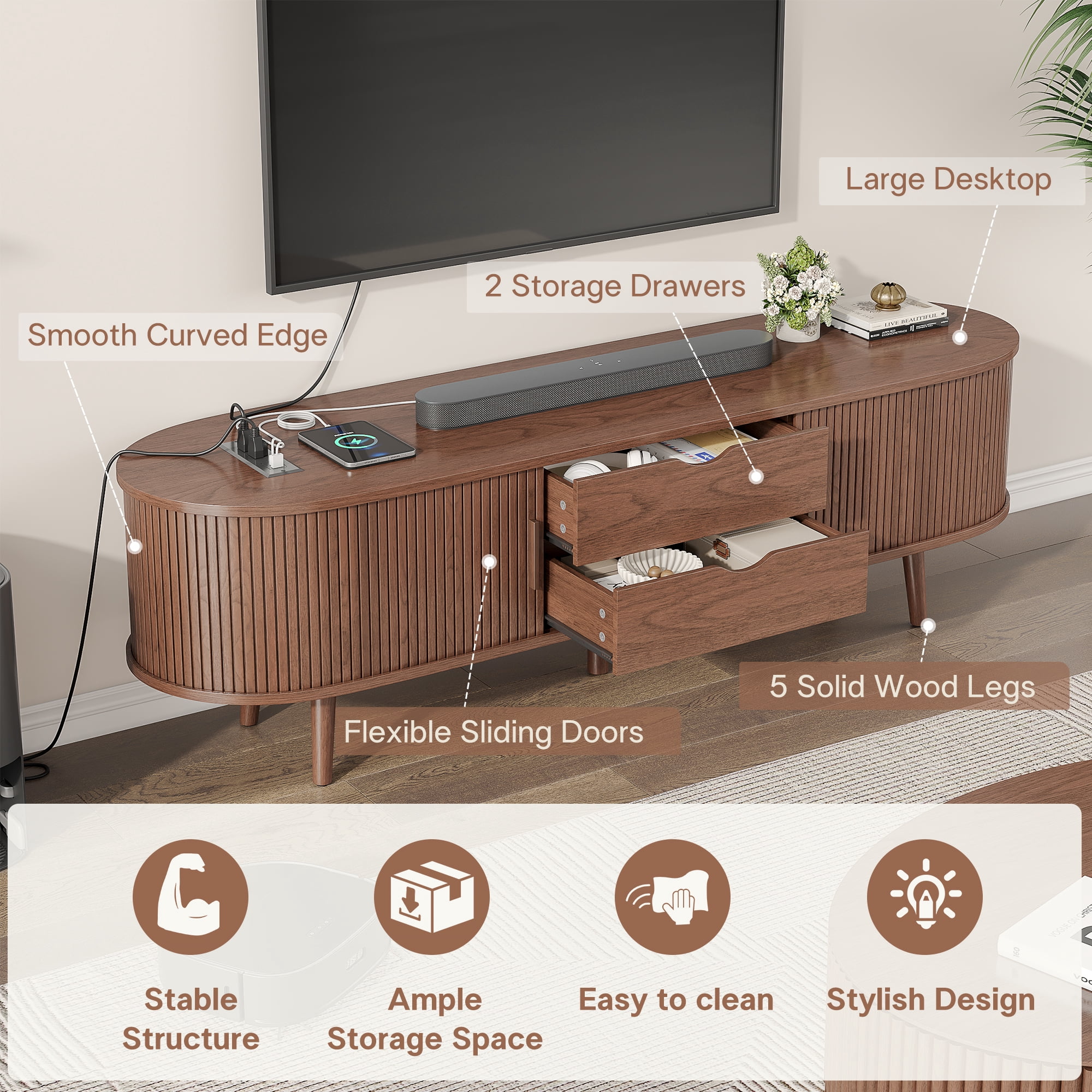 59" TV Stand with Charging Station and Drawers fit 40"- 65" TVs. Mid century Modern TV Stand, Wood Entertainment Center for Living Room and Bedroom, Media Console and Modern TV Console Table ,Walnut