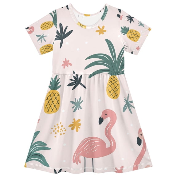 FORMRS Girls Short Sleeve Dress Summer Casual Round Neck A-line Beach Sundress, Sizes 2T-8T, Flamingo Pattern
