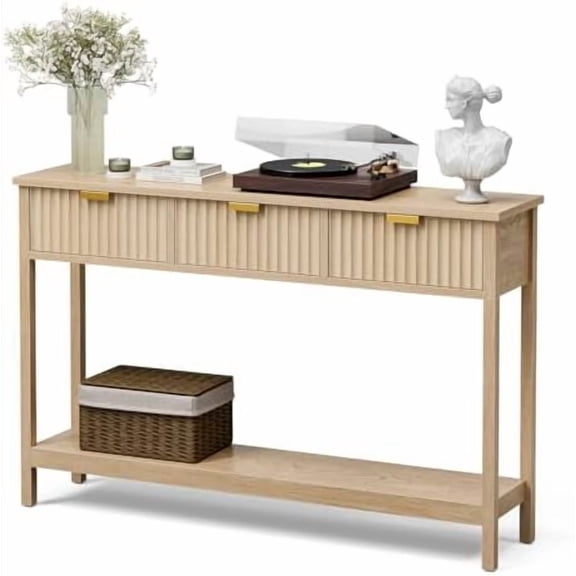 Console Table with Storage, Boho Entryway Table with 3 Fluted Drawers and Shelf, Sofa Table for Living Room, Entryway, Hallway, Natural$$Furniture