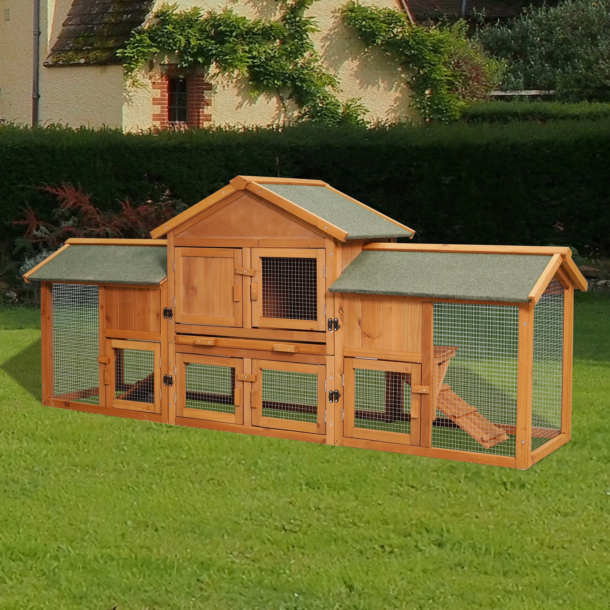 Pefilos 79" Large Rabbit Hutches for Outdoor, Bunny Cage with 2 Runs & Tray, 2-Tier Wooden Hen House with Asphalt Roof for Garden Backyard, Orange Pefilos 79" Large Rabbit Hutches for Outdoor, Bunny Cage with 2 Runs & Tray, 2-Tier Wooden Hen House with Asphalt Roof for Garden Backyard, Orange