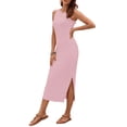 thumbnail image 2 of OutfitShow Women Ribbed Knit Bodycon Dress Sleeveless Crew Neck Midi Summer Dress with Side Split, 2 of 4