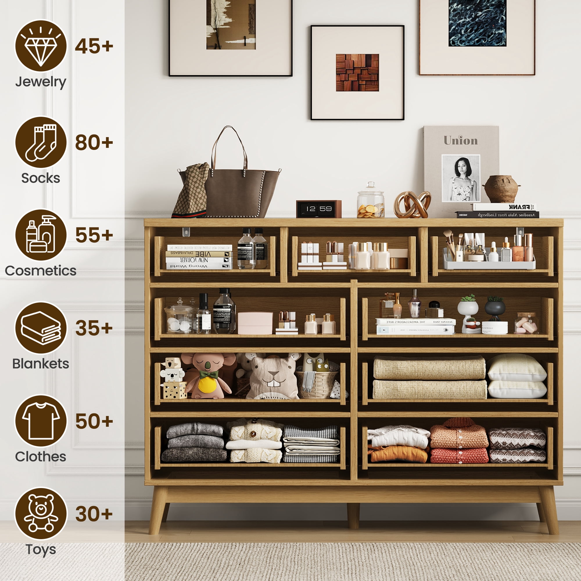 IDEALSOUL Oversized 9 Drawers Dresser for Bedroom, Wave Fluted Chest with Metal Handle, Wooden Dresser TV Stand, Wood Closet Clothes Storage Organizer for Living Room